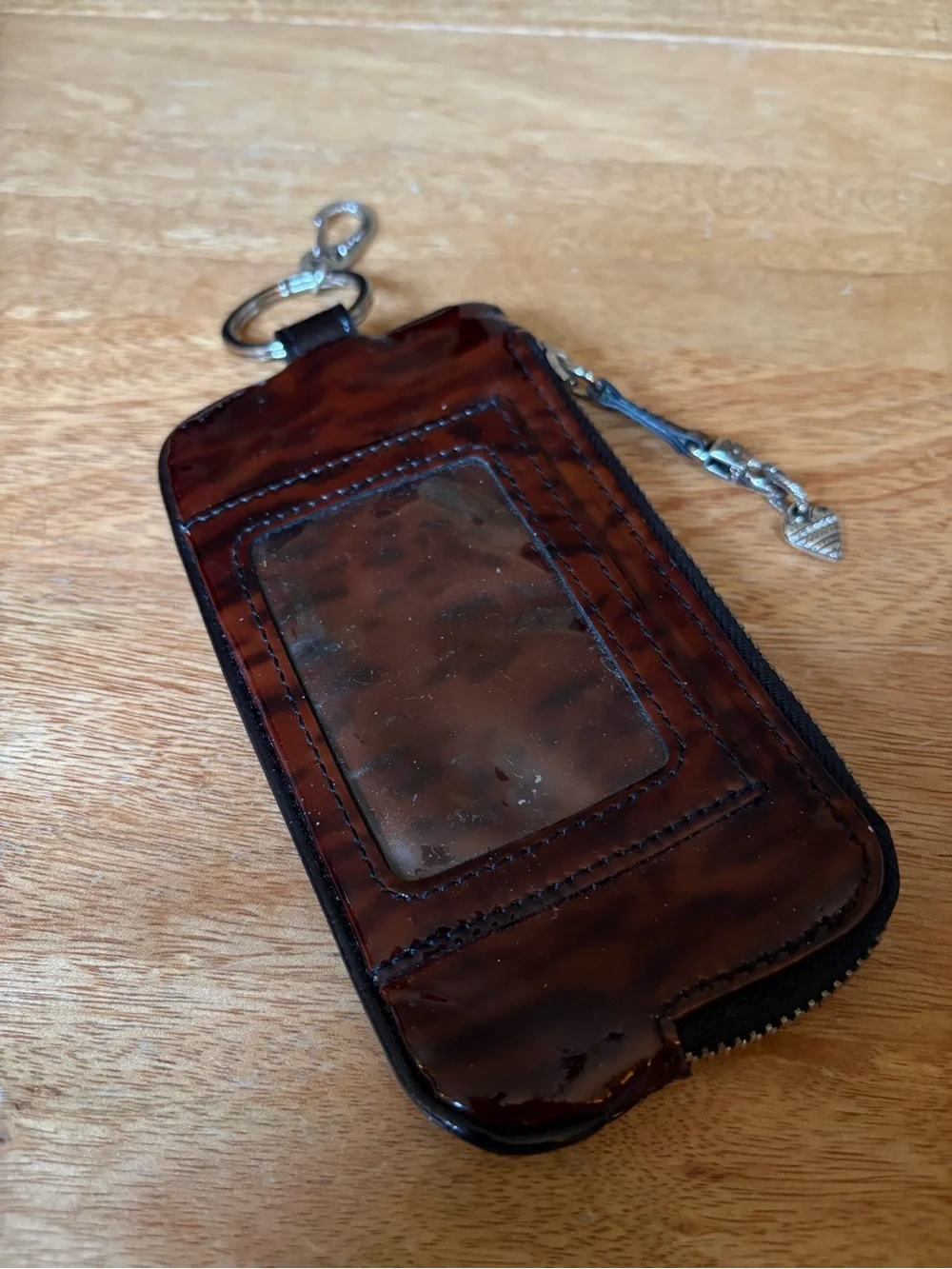 Brighton animal print Brown Patent Leather Wallet Keychain with ID Window